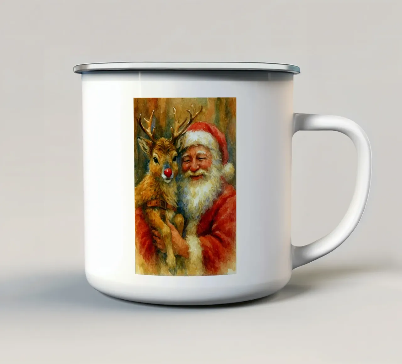 dipinto natalizio di babbo natale e rudolf tazza in smalto da aztera