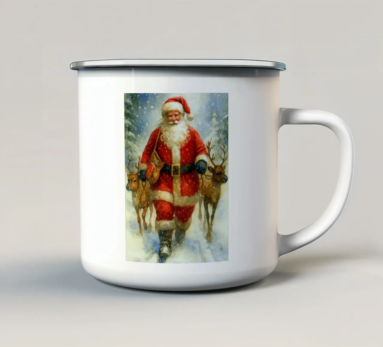 kerstman en rendieren lopen op de sneeuw kerst schilderij emaille mok van aztera