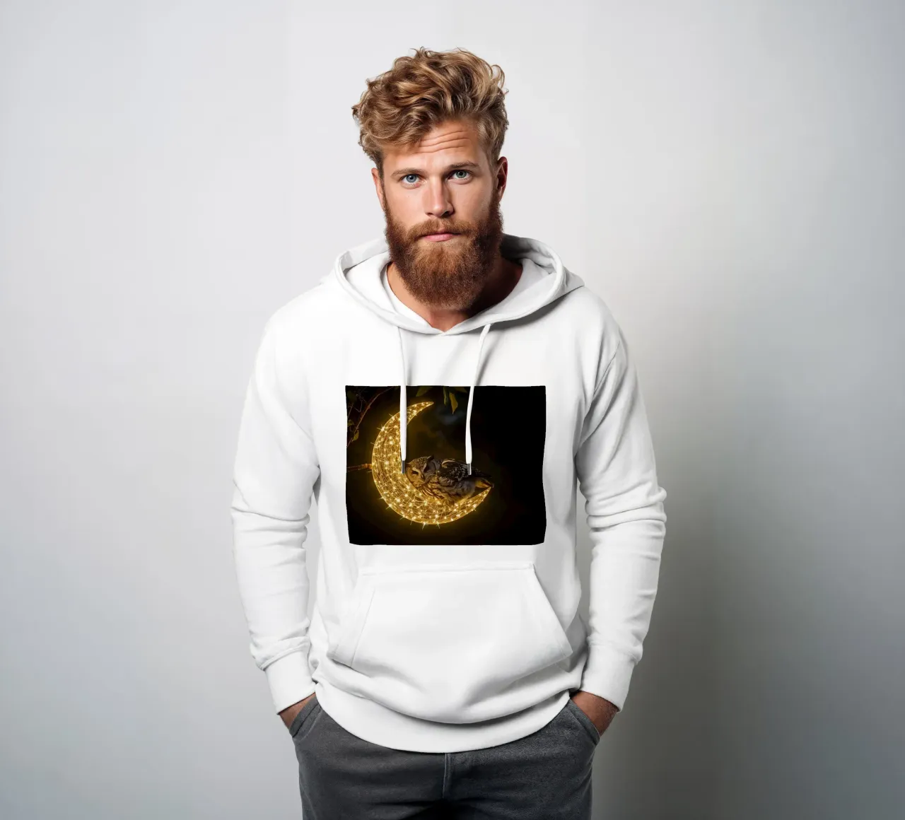 Gufo su decorazione a mezzaluna illuminata felpa con cappuccio da DesignDoodle