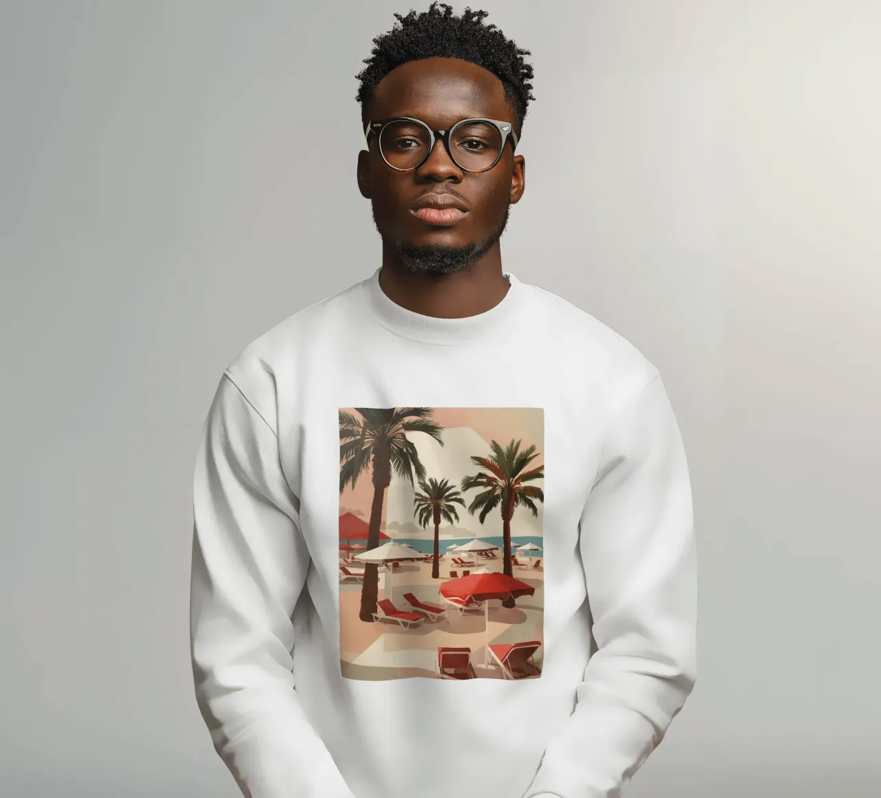 Palme, sedie a sdraio e ombrelloni sulla spiaggia felpa da DesignDoodle
