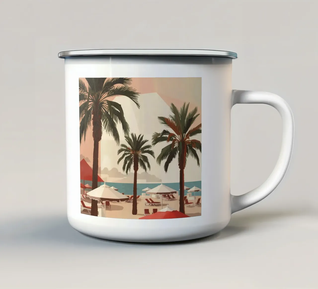 Palme, sedie a sdraio e ombrelloni sulla spiaggia tazza in smalto da DesignDoodle
