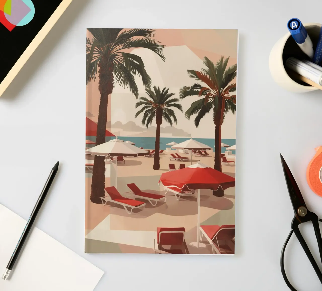 Palm Trees Lounge Chairs and Umbrellas on a Beach notebook by DesignDoodle