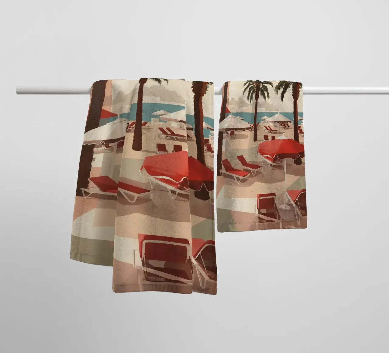 Palm Trees Lounge Chairs and Umbrellas on a Beach towel by DesignDoodle