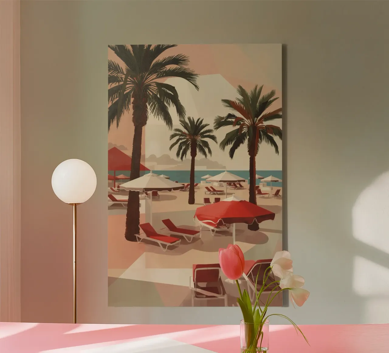 Palm Trees Lounge Chairs and Umbrellas on a Beach canvas by DesignDoodle