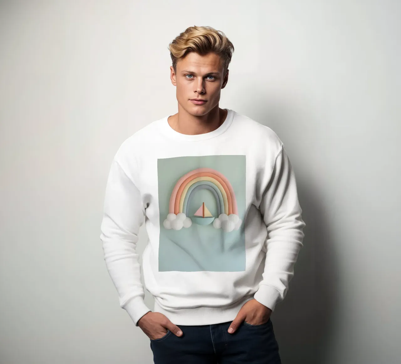 Simpatico arcobaleno pastello appeso alla parete con barca a vela felpa da DesignDoodle