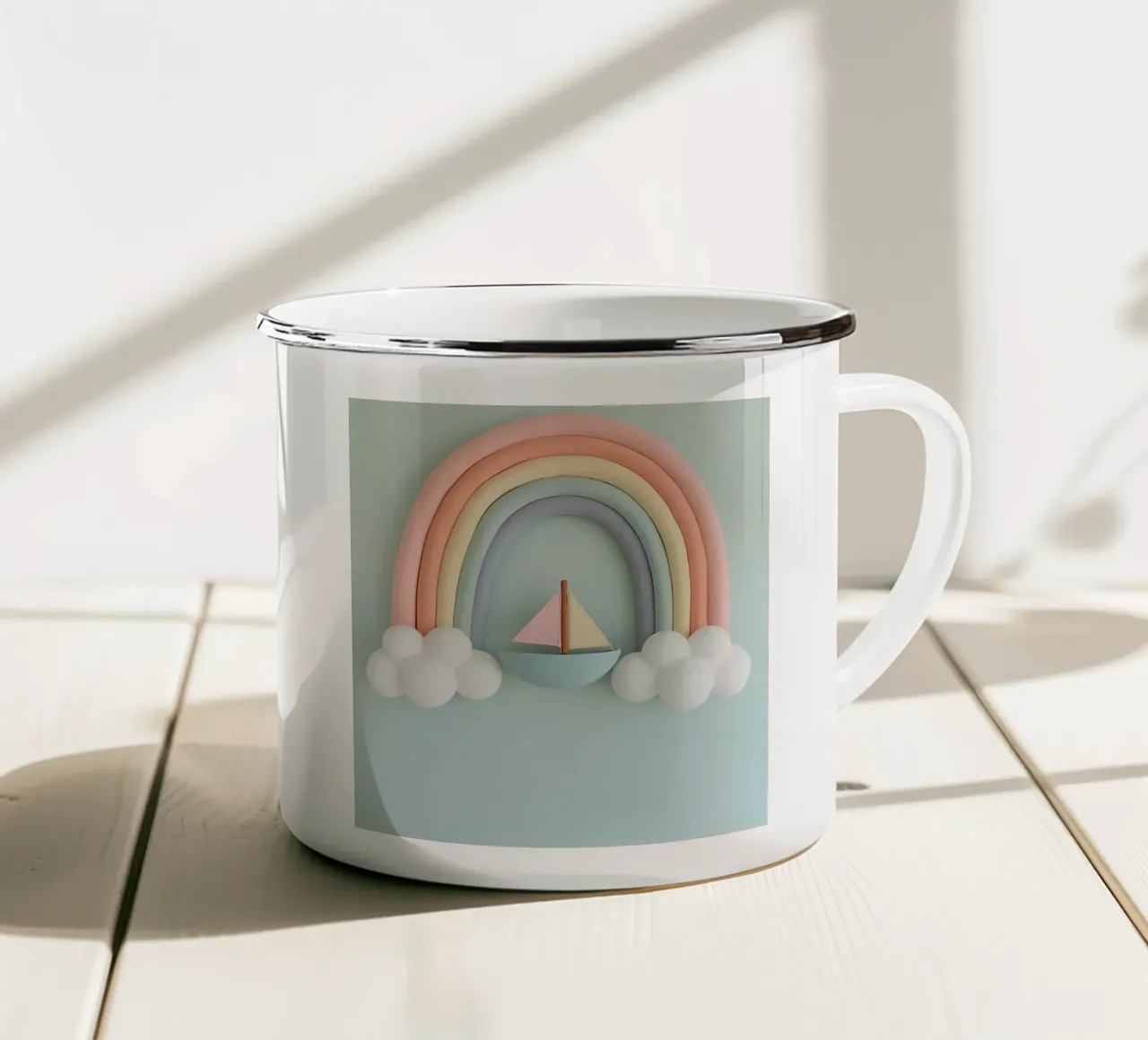 Simpatico arcobaleno pastello appeso alla parete con barca a vela tazza in smalto da DesignDoodle