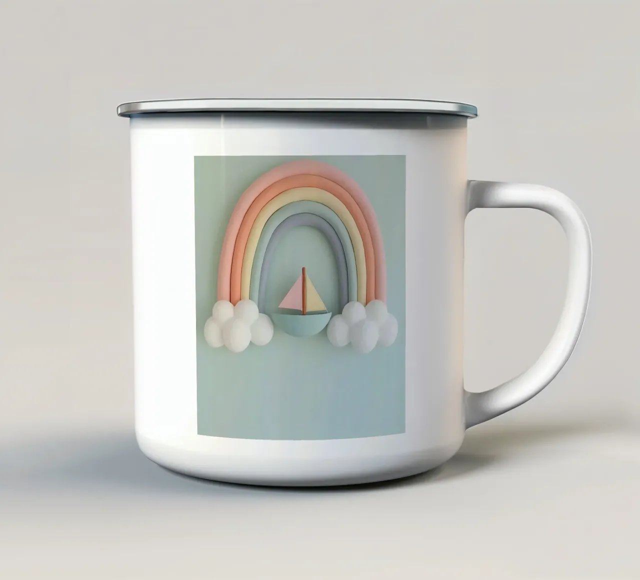 Simpatico arcobaleno pastello appeso alla parete con barca a vela tazza in smalto da DesignDoodle