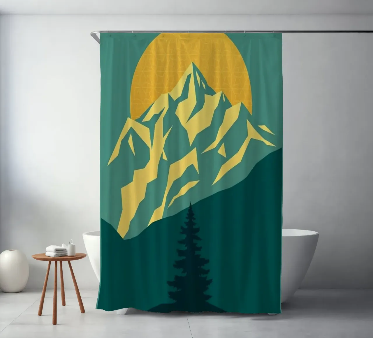 Vertice radioso: Un'alba geometrica tenda da doccia da Artistic-shop