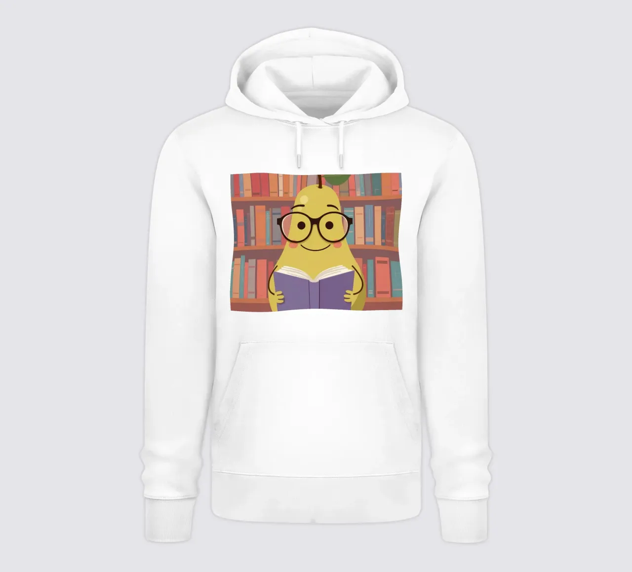 Simpatica pera felice che legge un libro con gli occhiali in biblioteca felpa con cappuccio da DesignDoodle