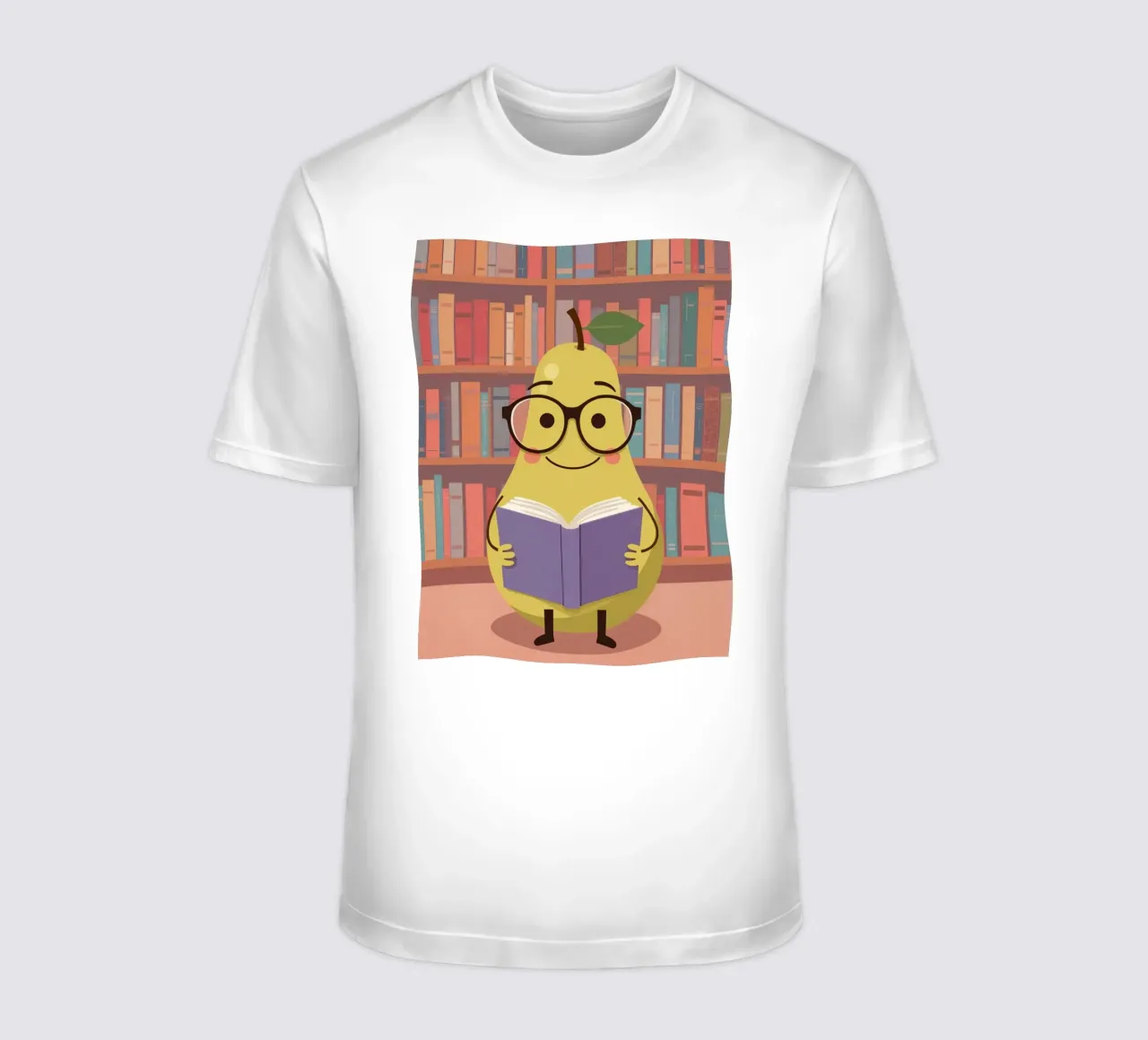 Simpatica pera felice che legge un libro con gli occhiali in biblioteca t-shirt da DesignDoodle