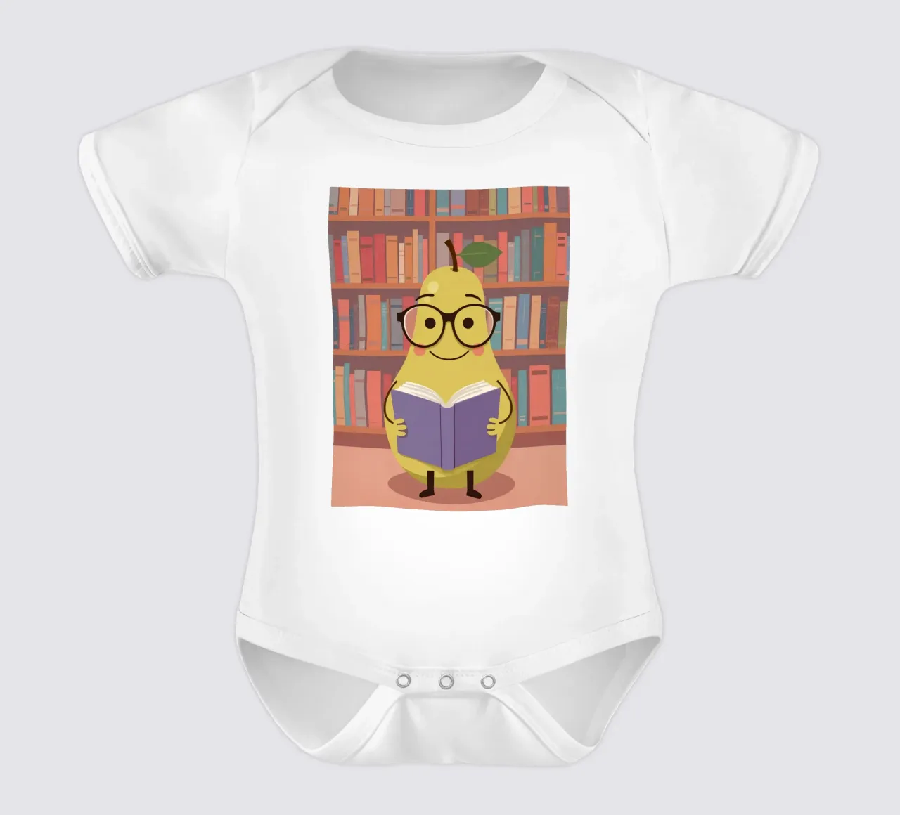 Simpatica pera felice che legge un libro con gli occhiali in biblioteca body neonato maniche corte da DesignDoodle