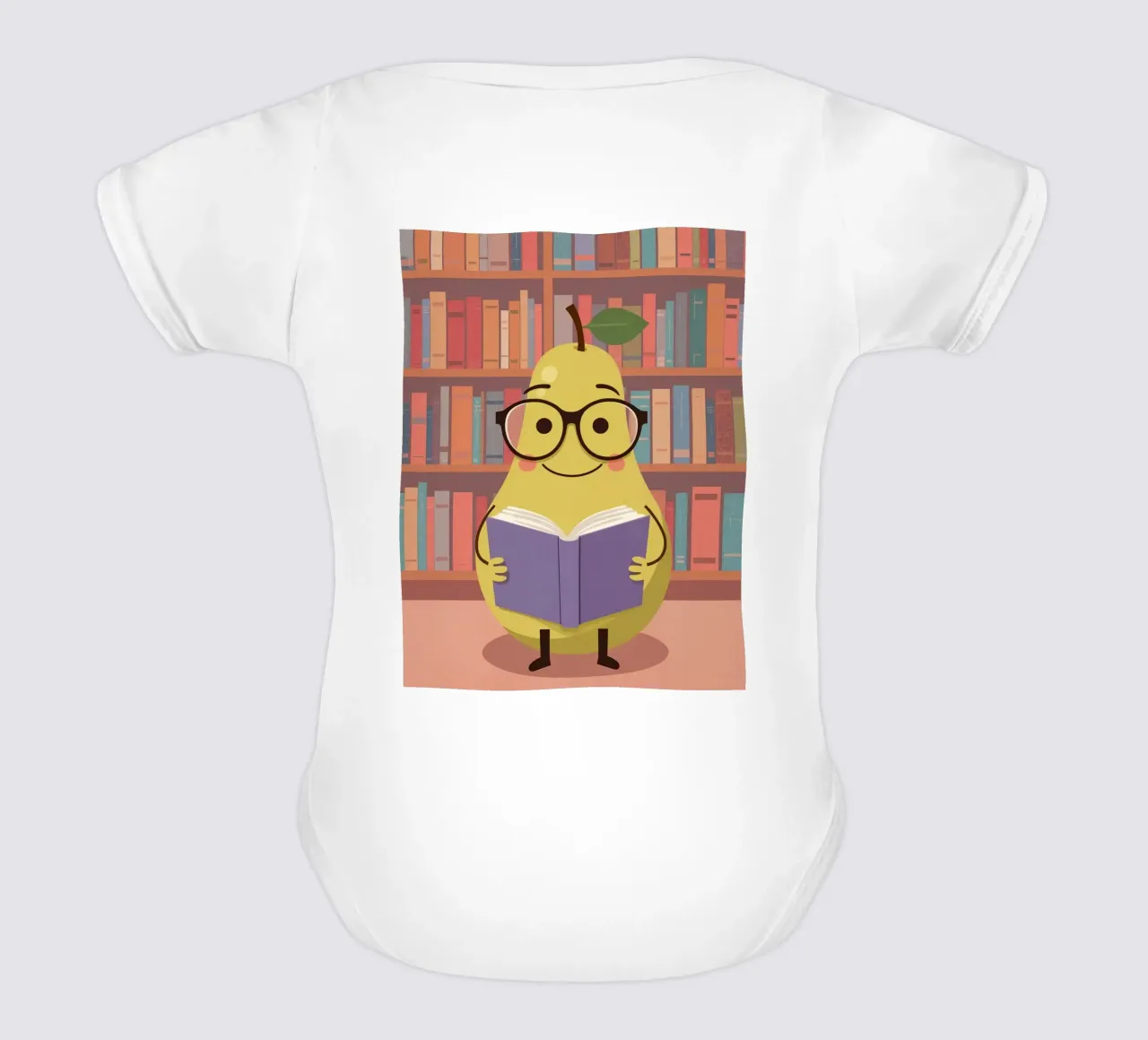 Simpatica pera felice che legge un libro con gli occhiali in biblioteca body neonato maniche corte da DesignDoodle