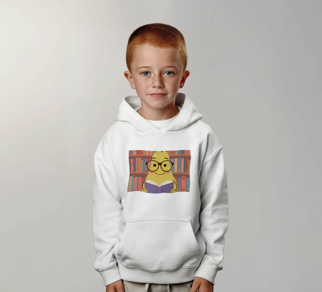Simpatica pera felice che legge un libro con gli occhiali in biblioteca felpa bambino con cappuccio da DesignDoodle