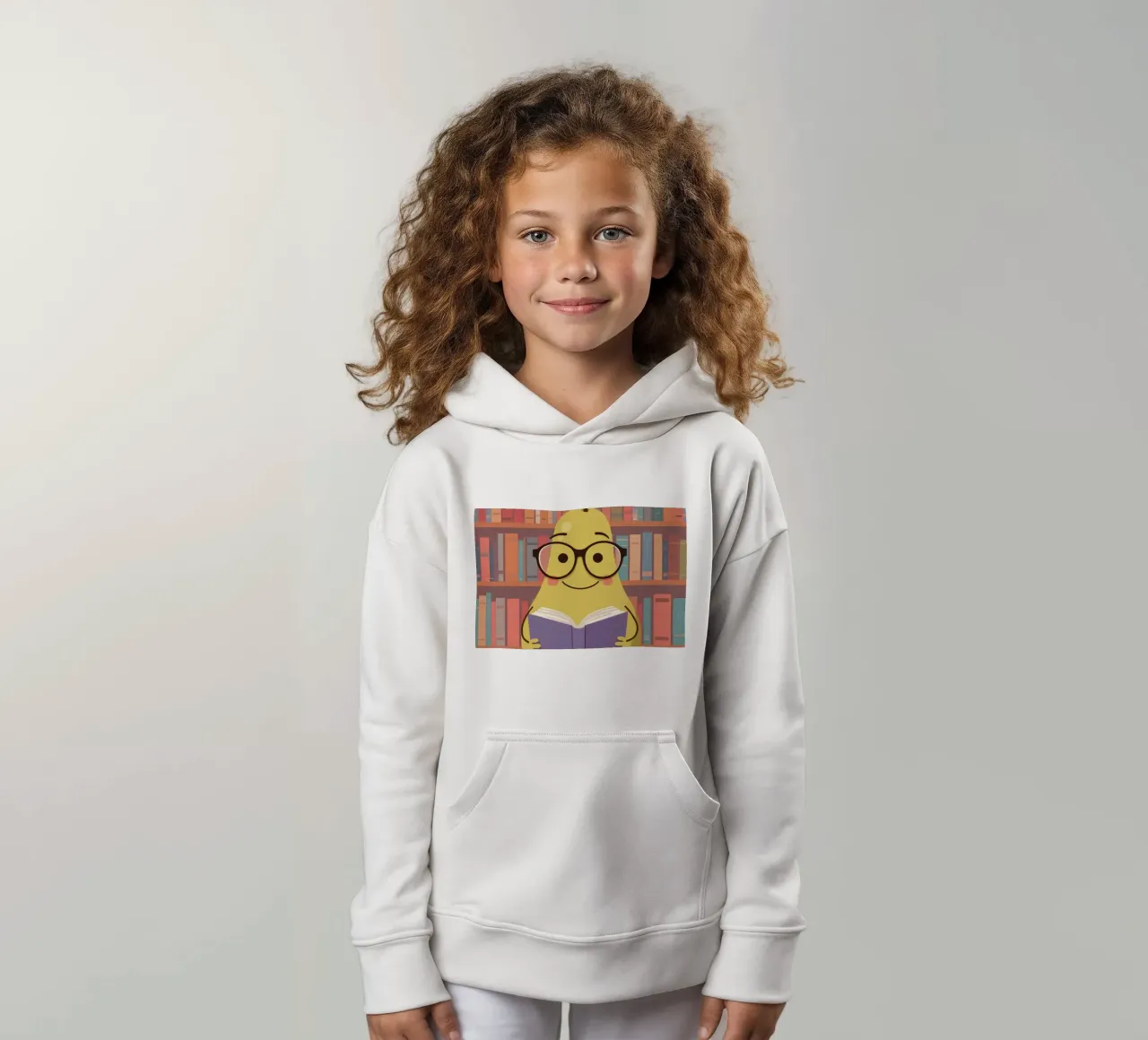 Simpatica pera felice che legge un libro con gli occhiali in biblioteca felpa bambino con cappuccio da DesignDoodle