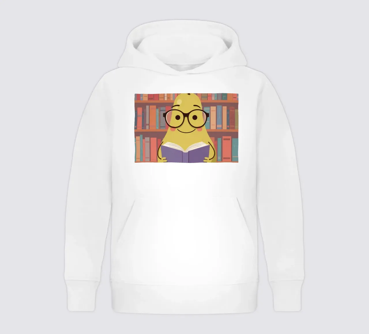 Simpatica pera felice che legge un libro con gli occhiali in biblioteca felpa bambino con cappuccio da DesignDoodle