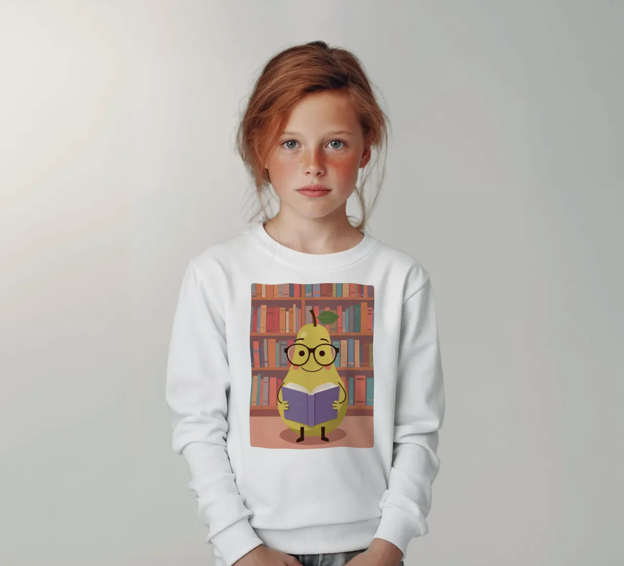 Simpatica pera felice che legge un libro con gli occhiali in biblioteca felpa bambino da DesignDoodle