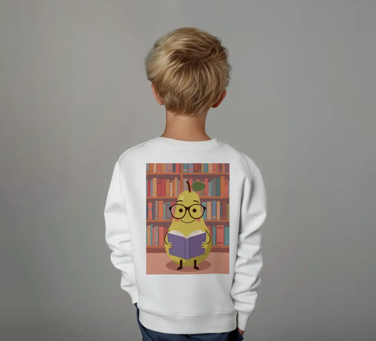 Simpatica pera felice che legge un libro con gli occhiali in biblioteca felpa bambino da DesignDoodle