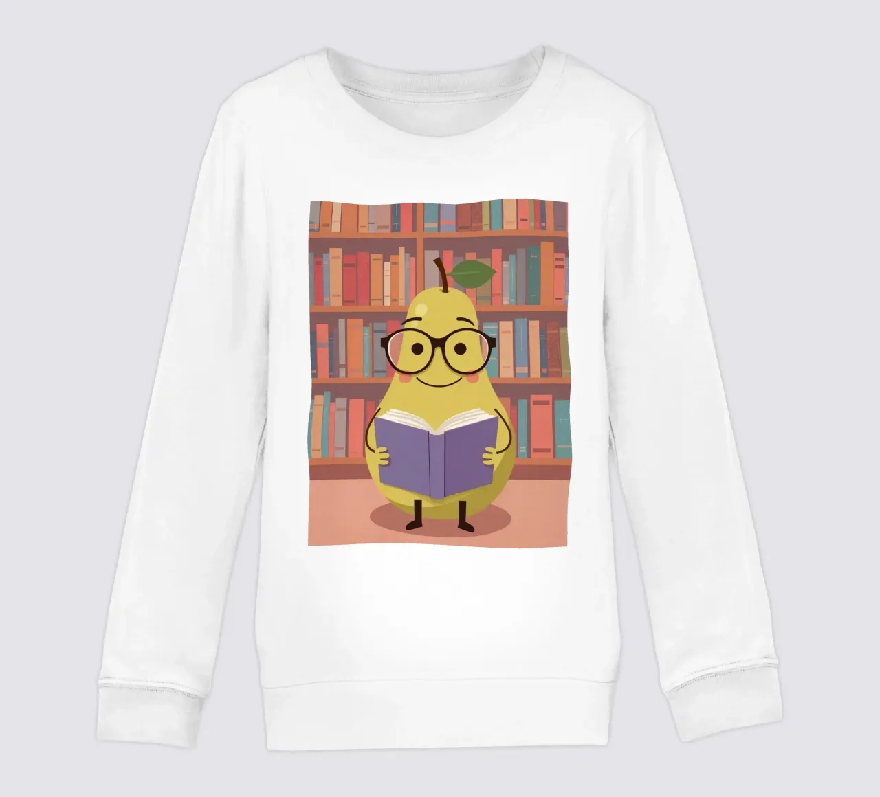 Simpatica pera felice che legge un libro con gli occhiali in biblioteca felpa bambino da DesignDoodle