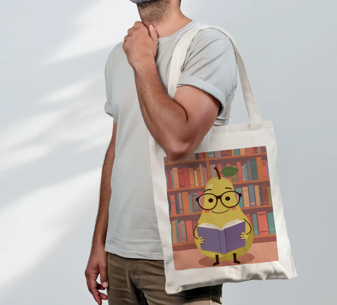 Simpatica pera felice che legge un libro con gli occhiali in biblioteca borsa in juta da DesignDoodle