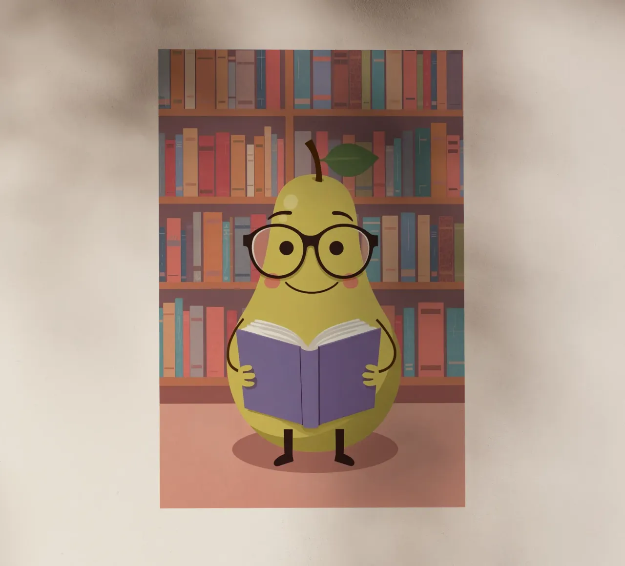 Simpatica pera felice che legge un libro con gli occhiali in biblioteca pellicola backlit da DesignDoodle