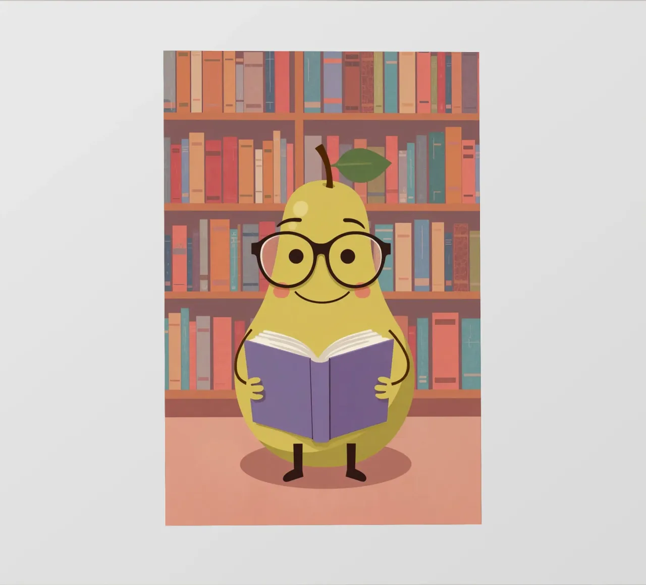 Simpatica pera felice che legge un libro con gli occhiali in biblioteca pellicola backlit da DesignDoodle