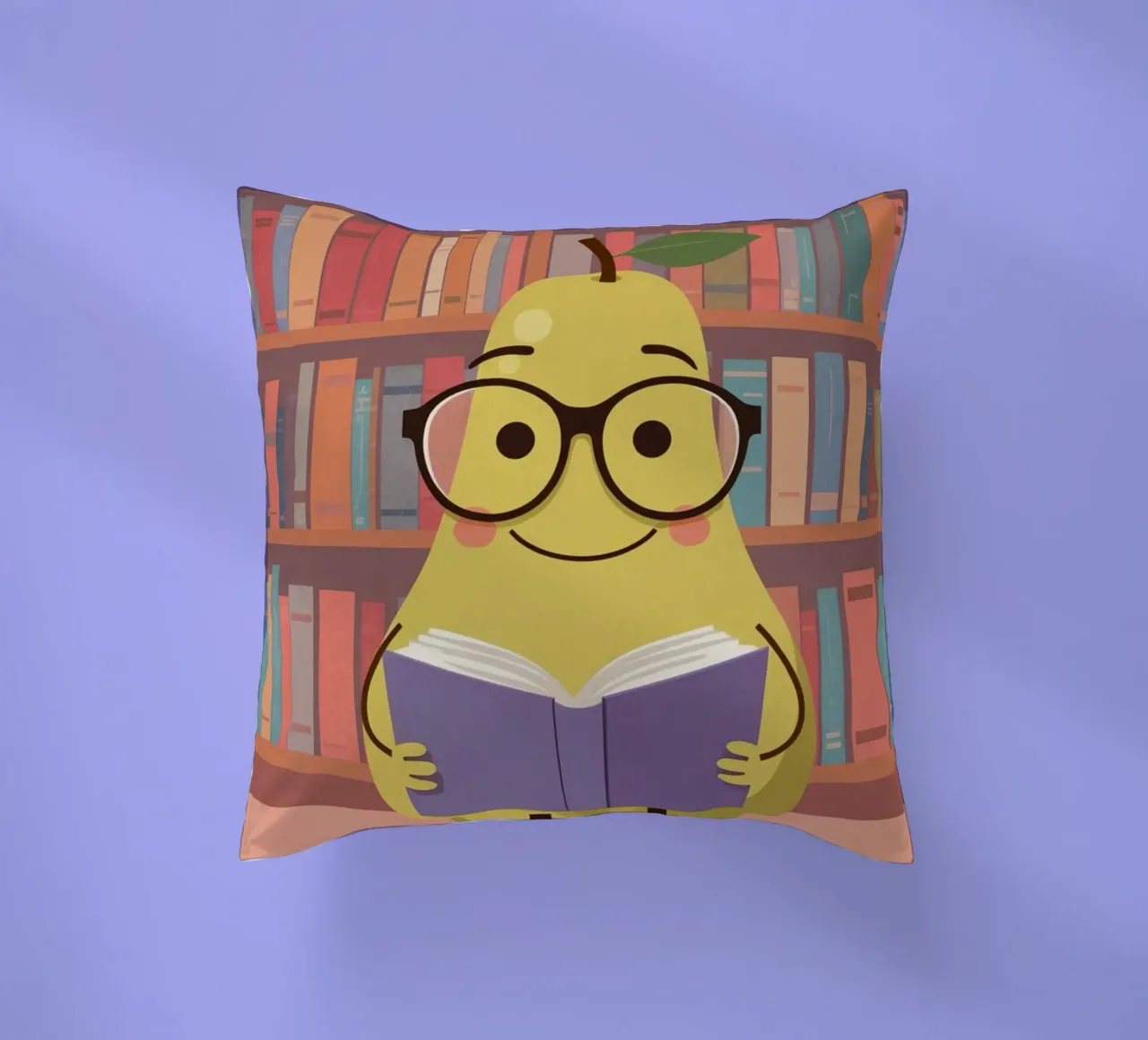 Simpatica pera felice che legge un libro con gli occhiali in biblioteca cuscino da DesignDoodle