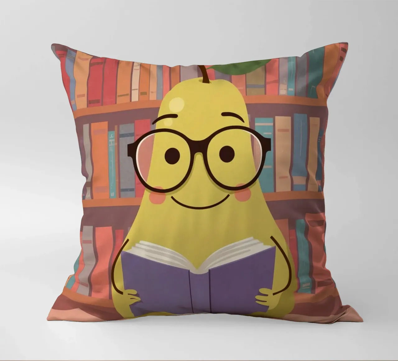 Simpatica pera felice che legge un libro con gli occhiali in biblioteca cuscino da DesignDoodle