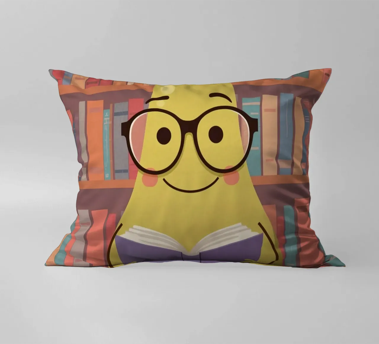 Simpatica pera felice che legge un libro con gli occhiali in biblioteca cuscino da DesignDoodle