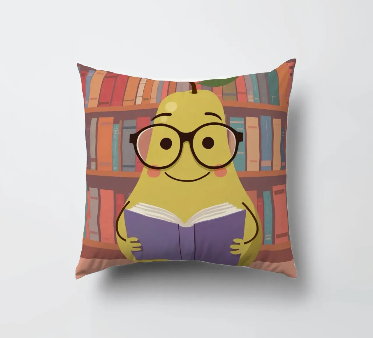 Simpatica pera felice che legge un libro con gli occhiali in biblioteca cuscino da DesignDoodle