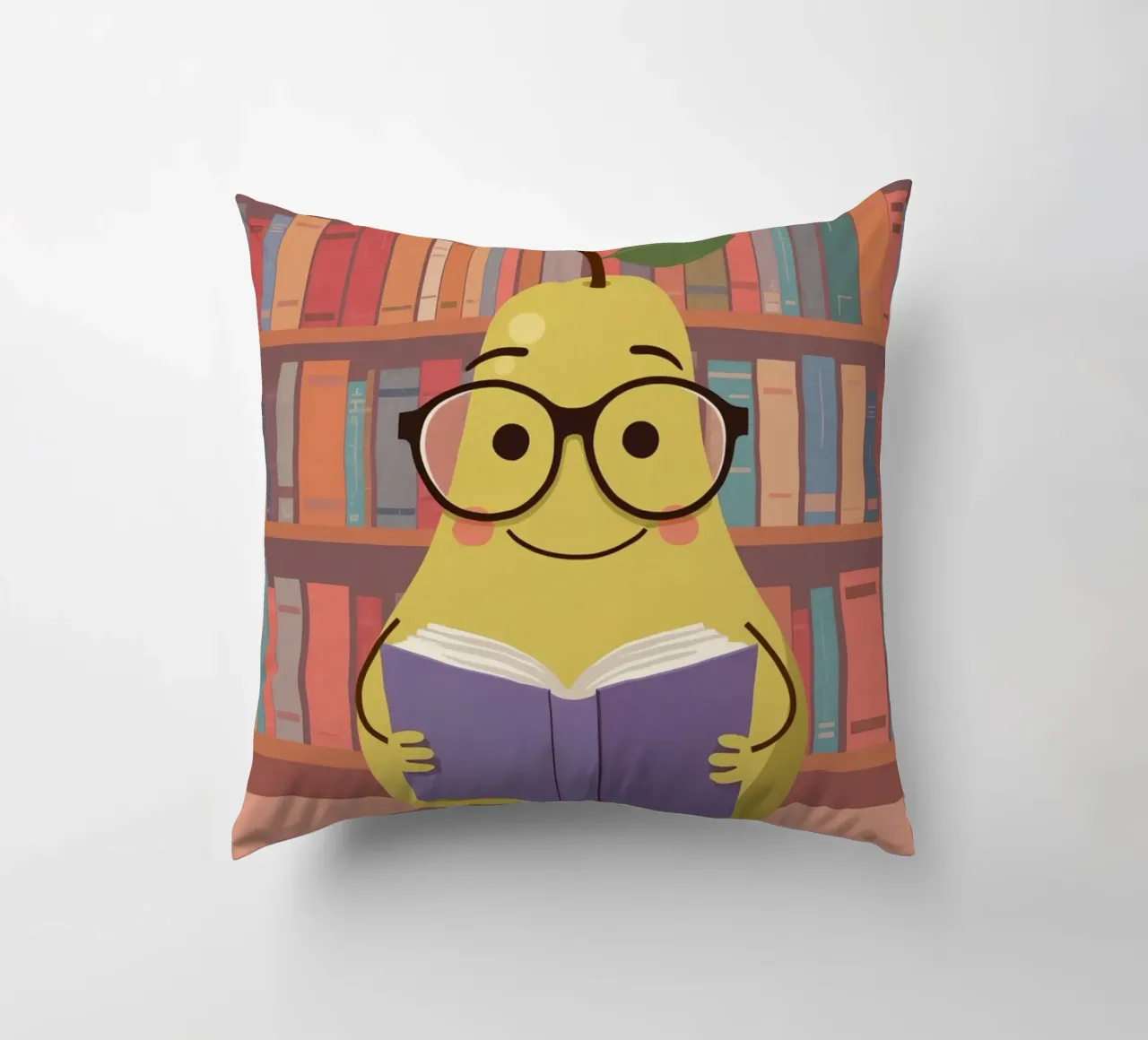Simpatica pera felice che legge un libro con gli occhiali in biblioteca cuscino da DesignDoodle
