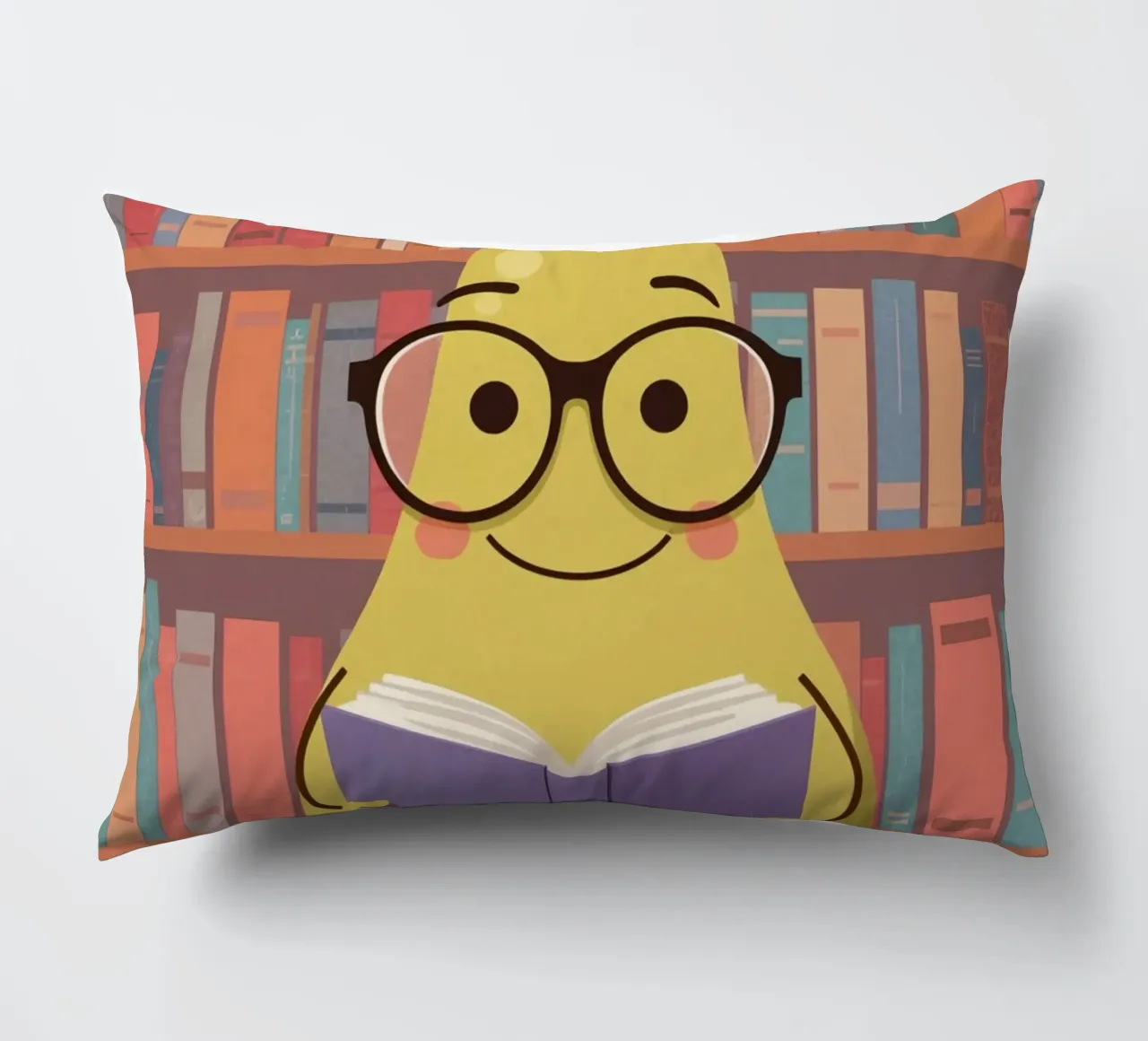 Simpatica pera felice che legge un libro con gli occhiali in biblioteca cuscino da DesignDoodle