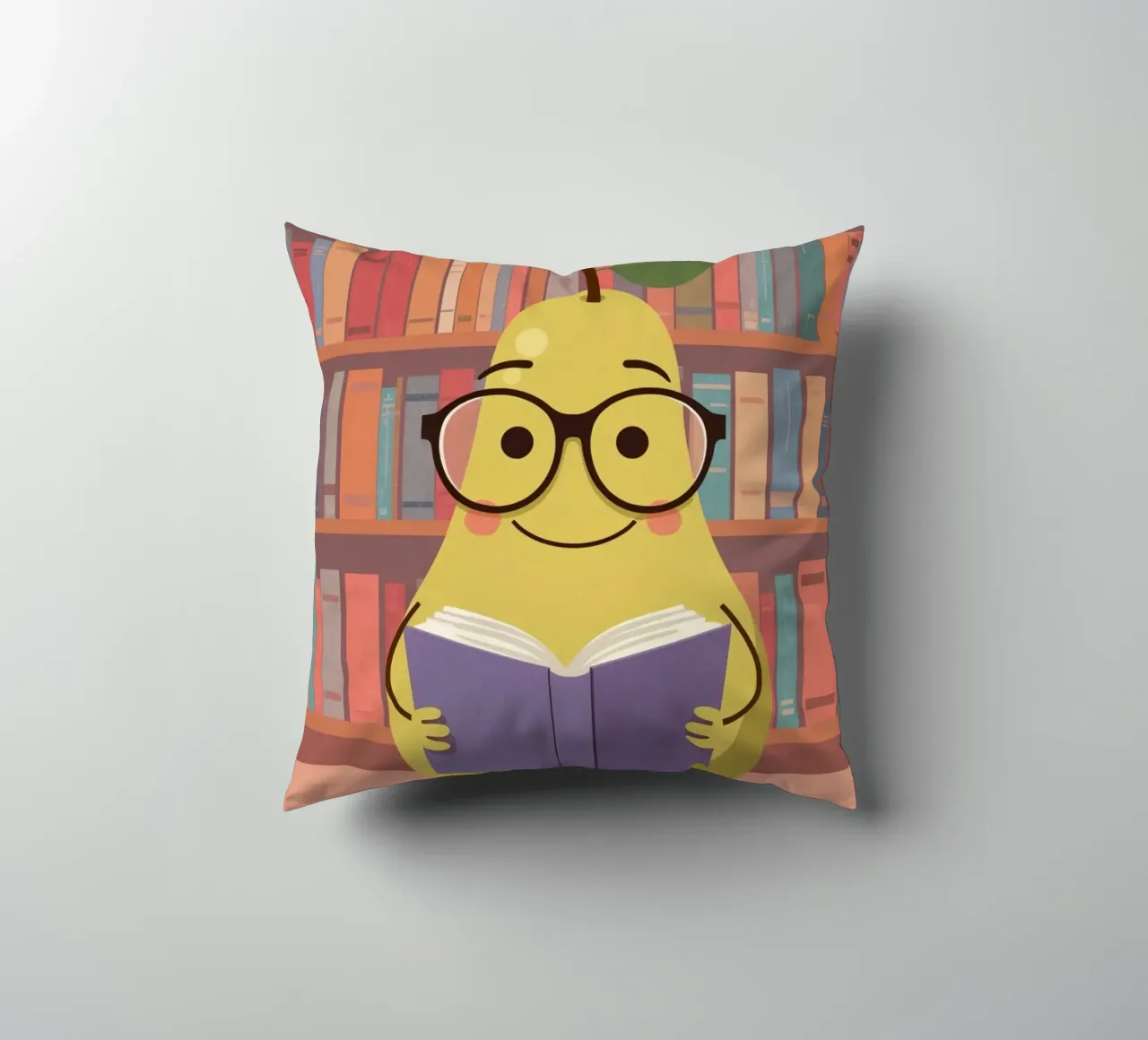 Simpatica pera felice che legge un libro con gli occhiali in biblioteca cuscino da DesignDoodle