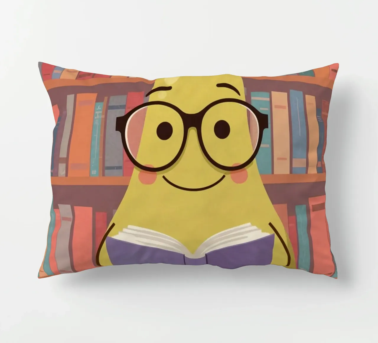 Simpatica pera felice che legge un libro con gli occhiali in biblioteca cuscino da DesignDoodle