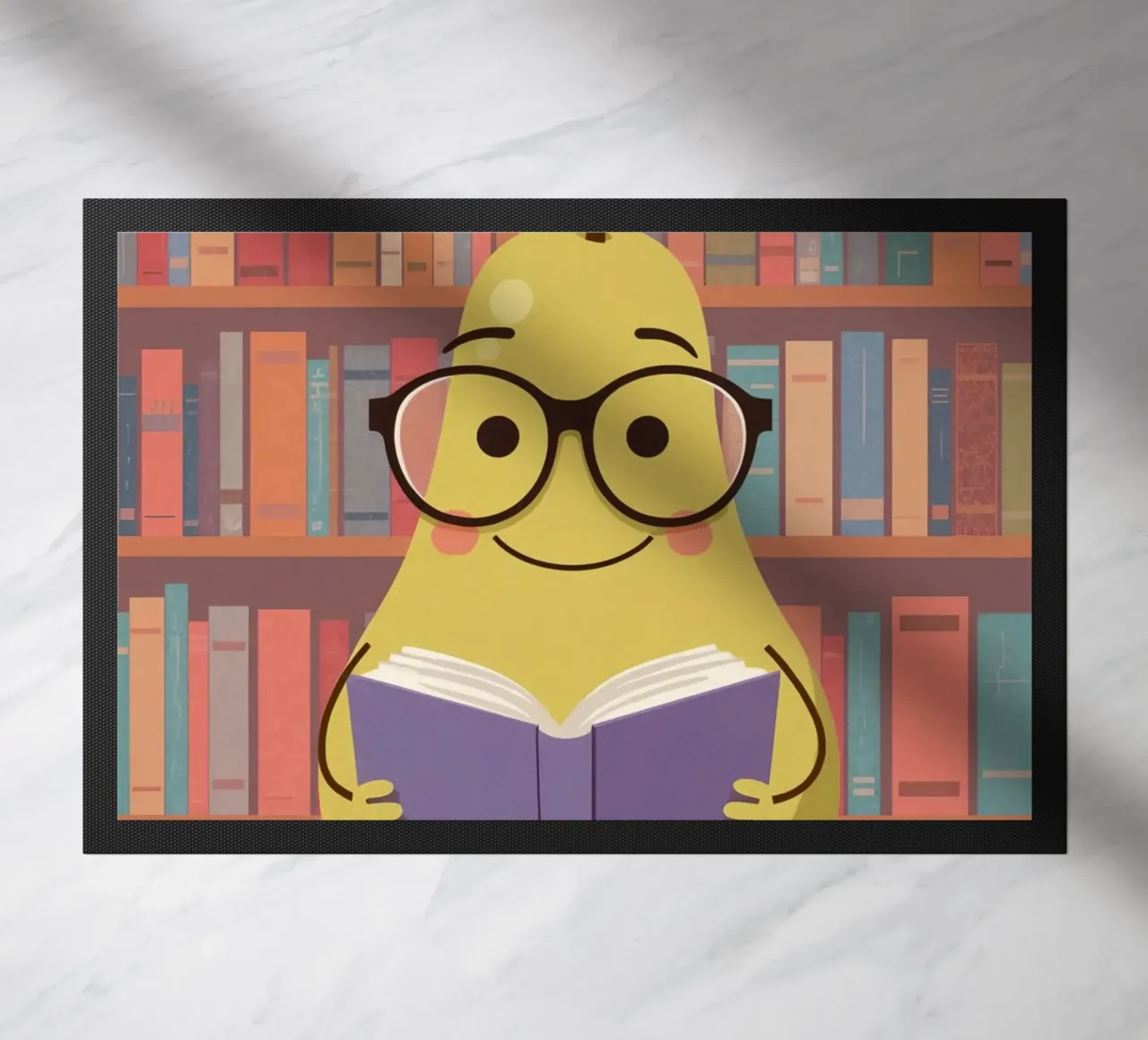 Simpatica pera felice che legge un libro con gli occhiali in biblioteca zerbino da DesignDoodle