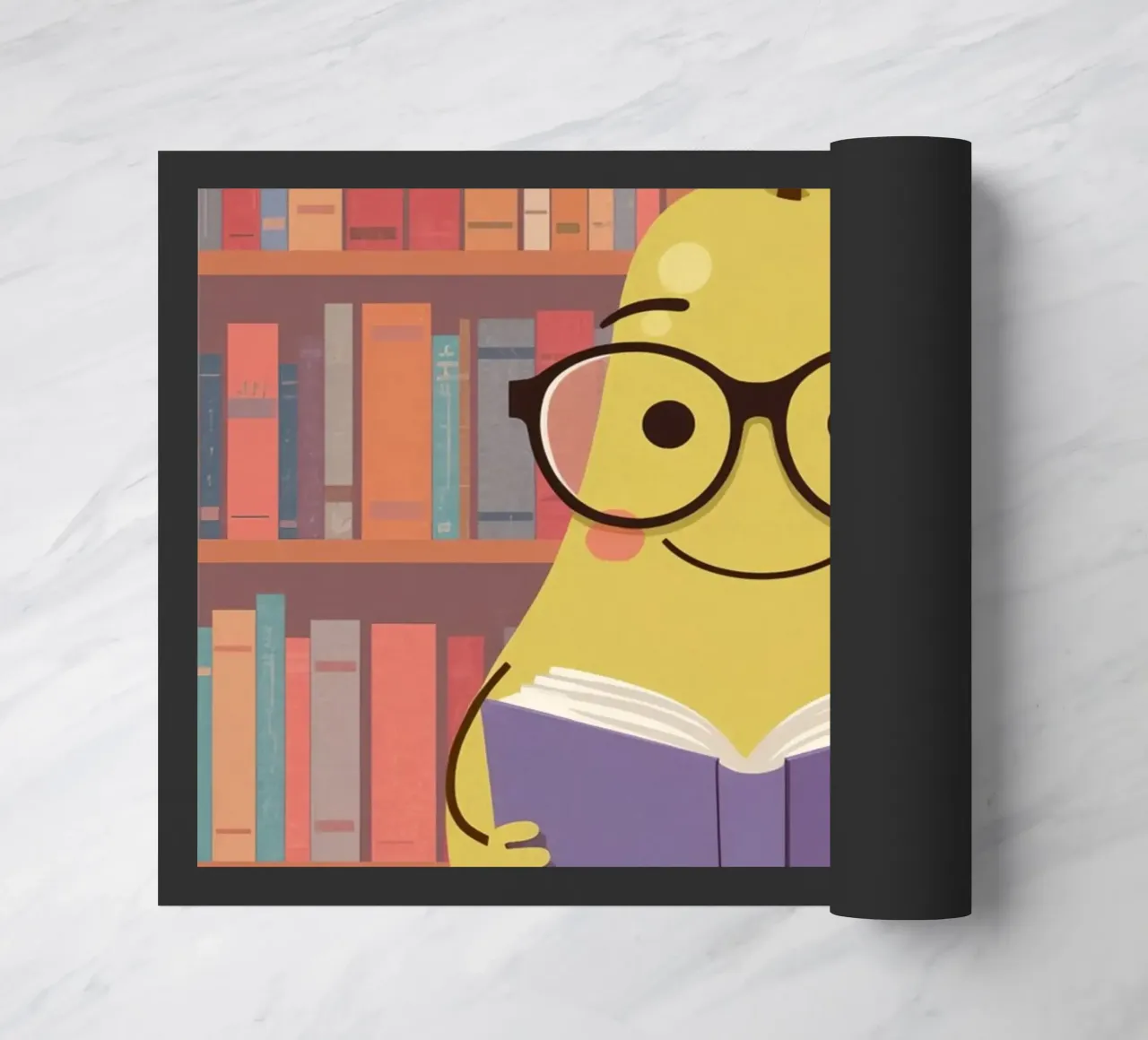 Simpatica pera felice che legge un libro con gli occhiali in biblioteca zerbino da DesignDoodle