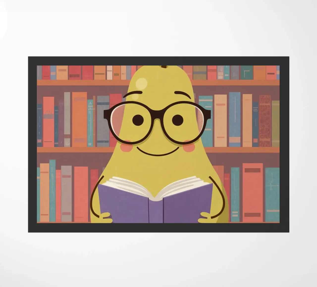 Simpatica pera felice che legge un libro con gli occhiali in biblioteca zerbino da DesignDoodle
