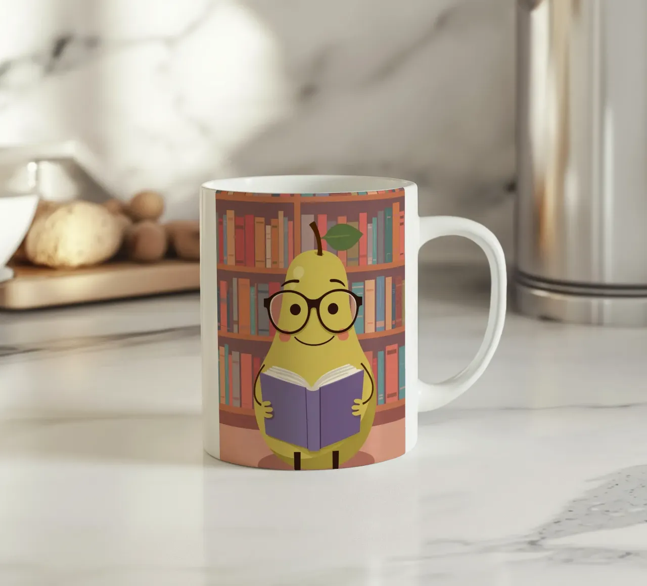 Simpatica pera felice che legge un libro con gli occhiali in biblioteca tazza in ceramica da DesignDoodle