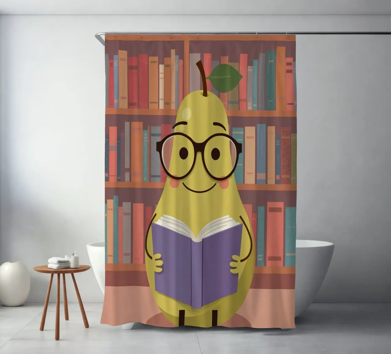 Simpatica pera felice che legge un libro con gli occhiali in biblioteca tenda da doccia da DesignDoodle