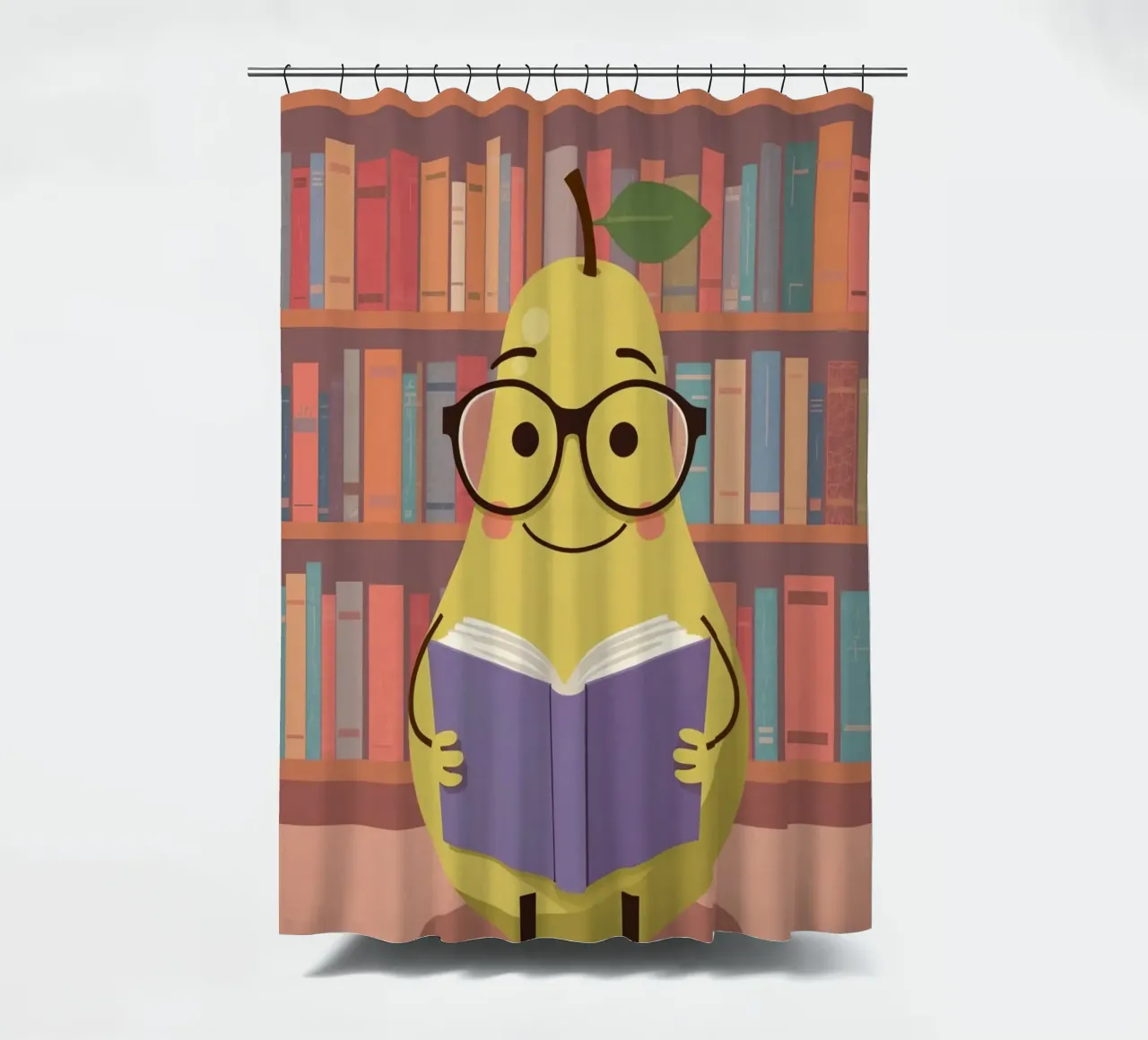 Simpatica pera felice che legge un libro con gli occhiali in biblioteca tenda da doccia da DesignDoodle