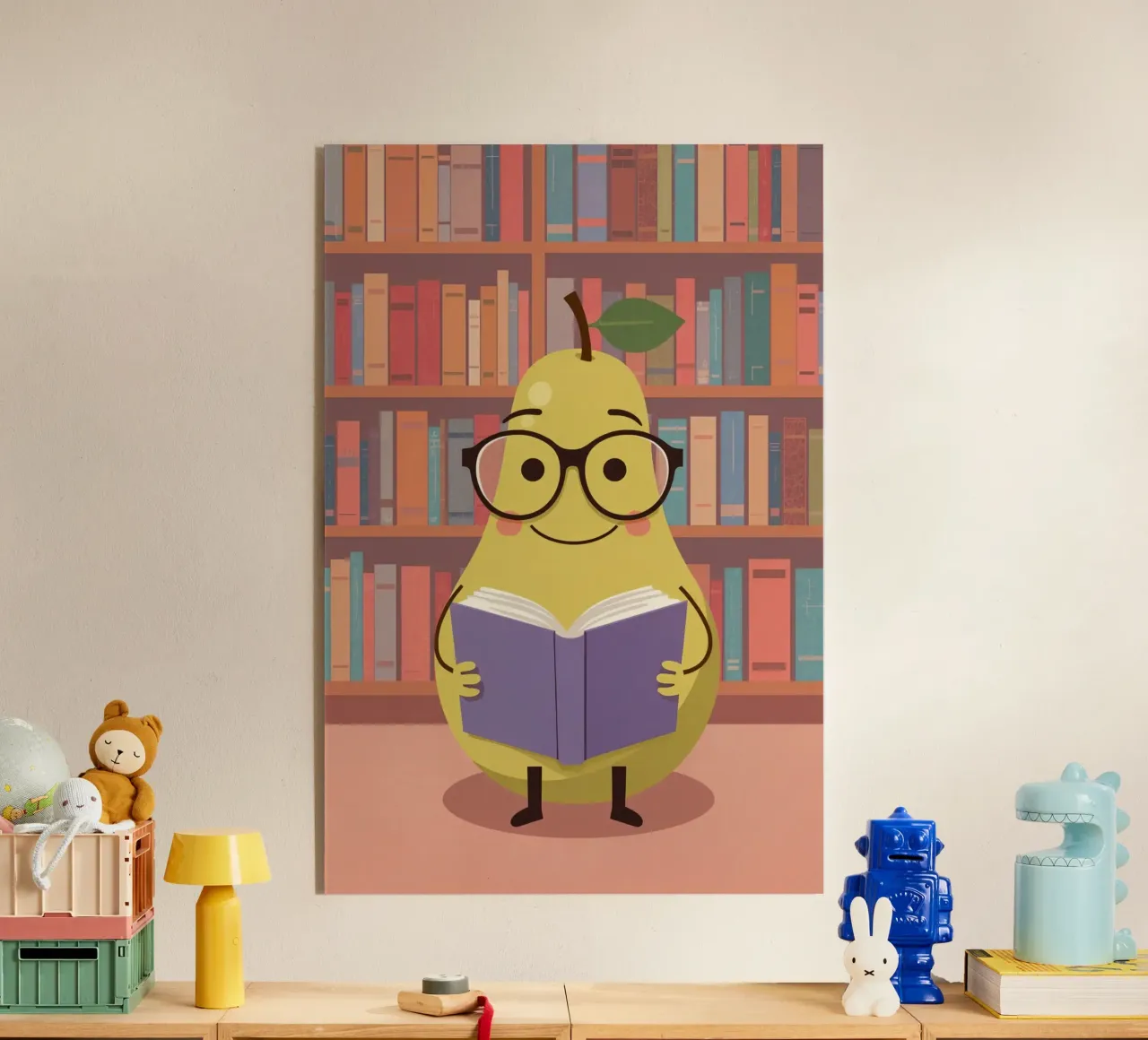 Simpatica pera felice che legge un libro con gli occhiali in biblioteca plexiglass da DesignDoodle