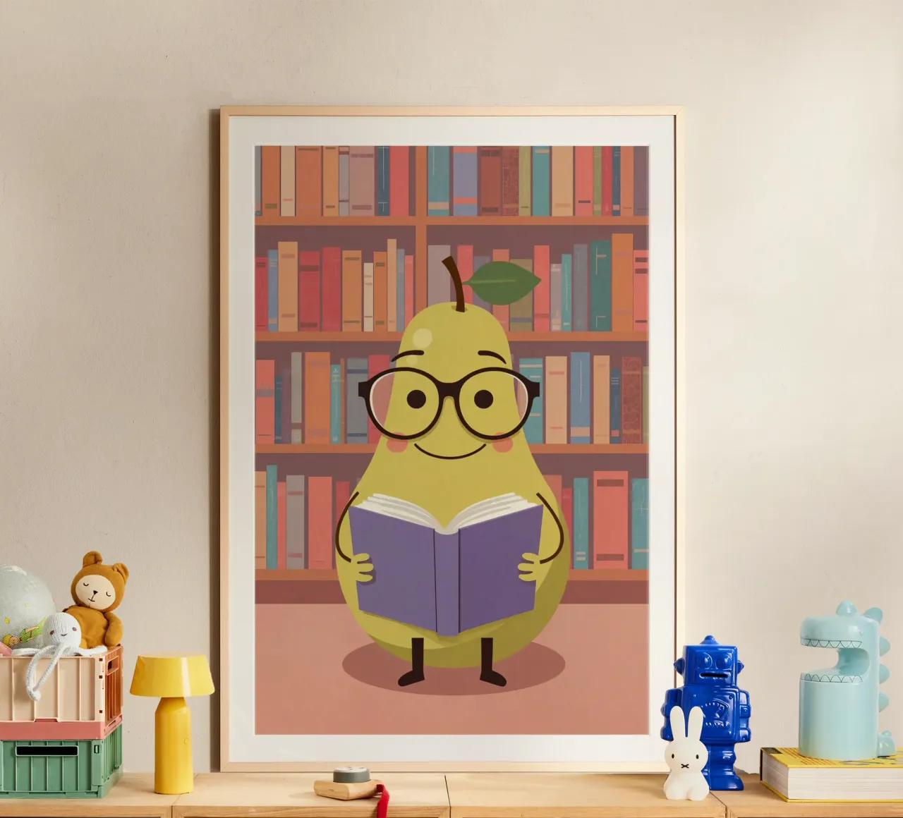 Simpatica pera felice che legge un libro con gli occhiali in biblioteca carta hahnemühle da DesignDoodle
