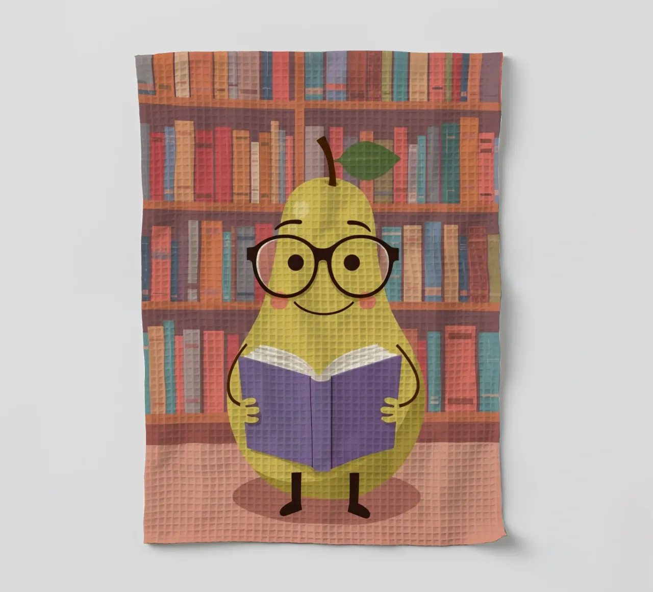 Simpatica pera felice che legge un libro con gli occhiali in biblioteca canovaccio da cucina da DesignDoodle