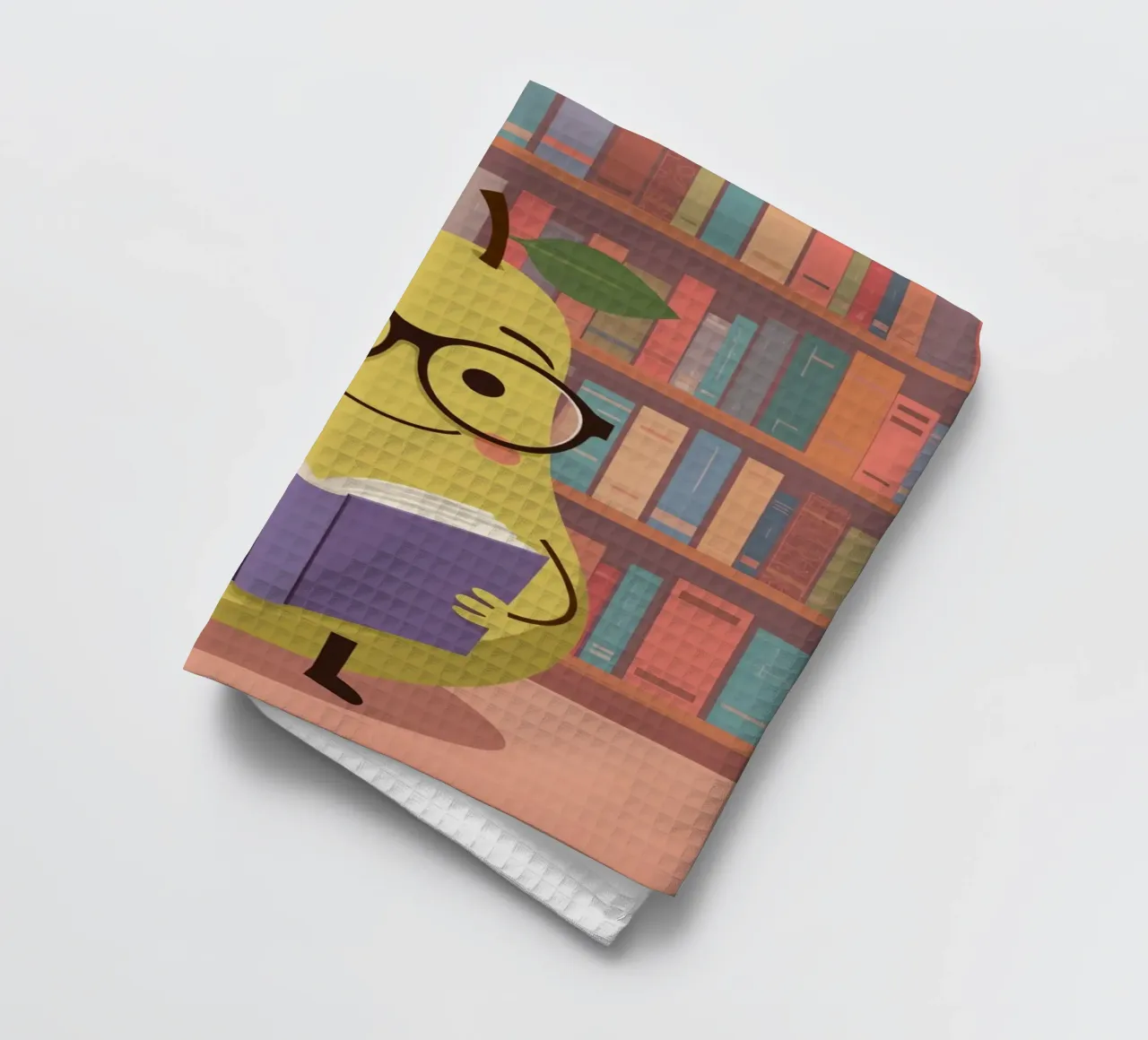 Simpatica pera felice che legge un libro con gli occhiali in biblioteca canovaccio da cucina da DesignDoodle