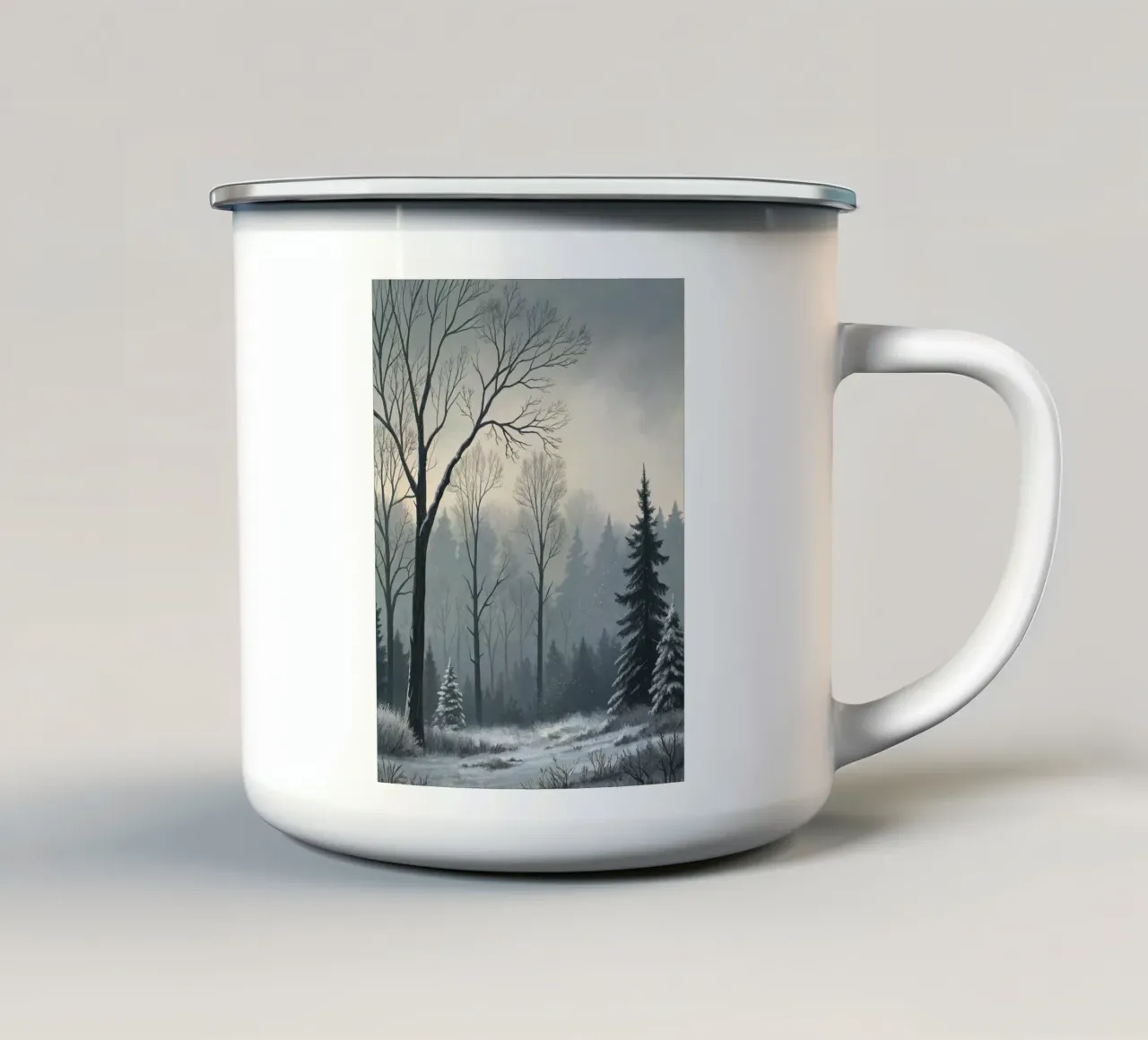 Serenità nel freddo: Un tranquillo sentiero invernale tazza in smalto da Artistic-shop