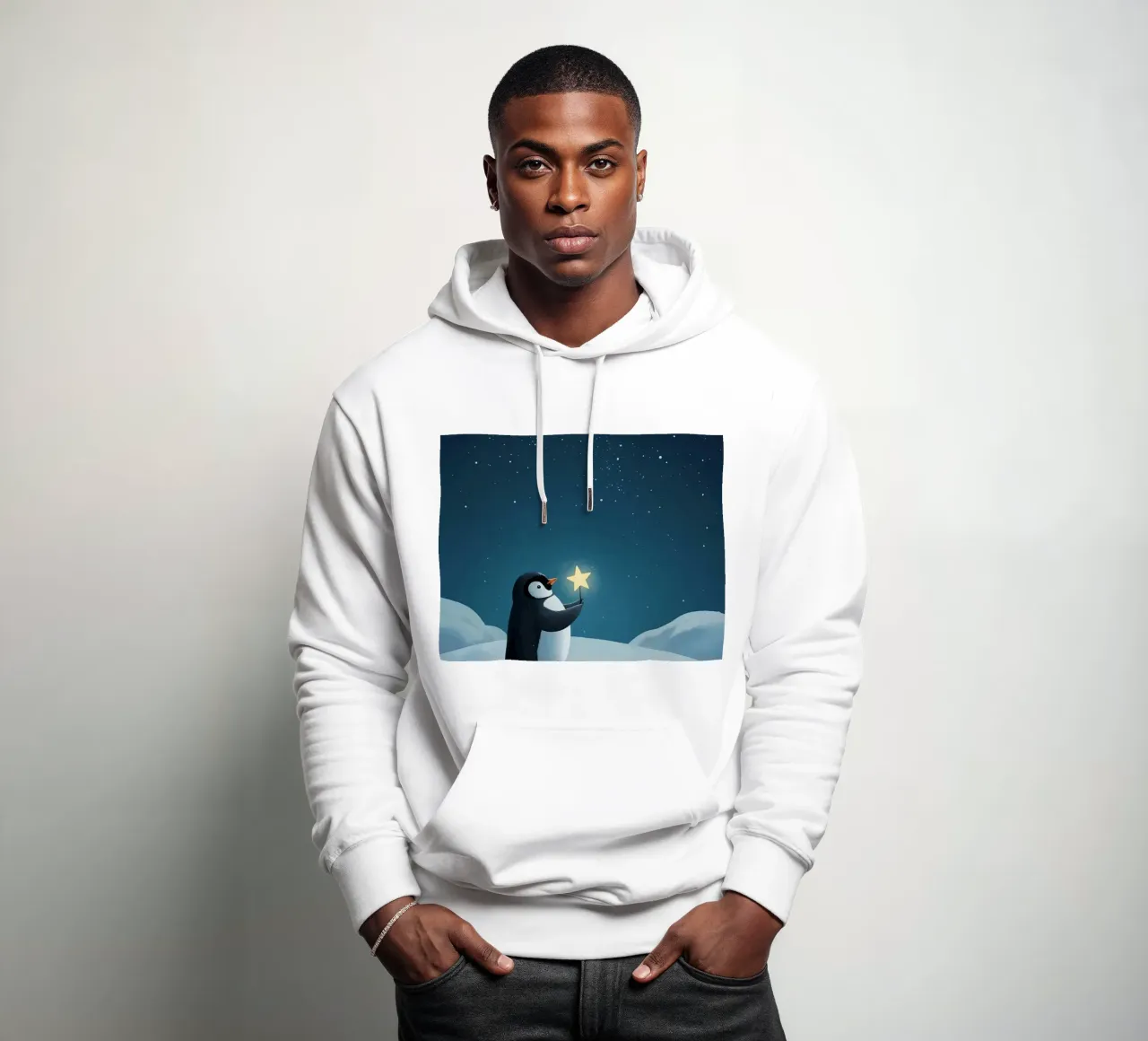 Pinguino con stella su collina innevata di notte felpa con cappuccio da DesignDoodle