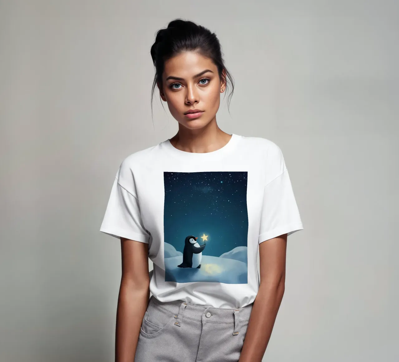 Pinguino con stella su collina innevata di notte t-shirt da DesignDoodle