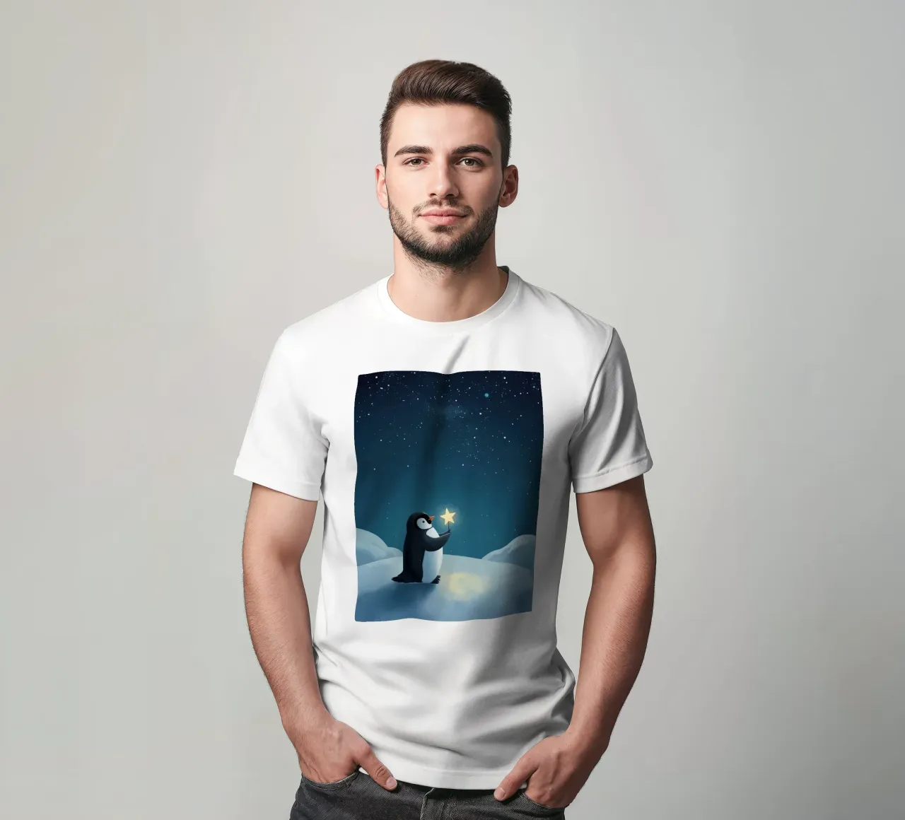 Pinguino con stella su collina innevata di notte t-shirt da DesignDoodle