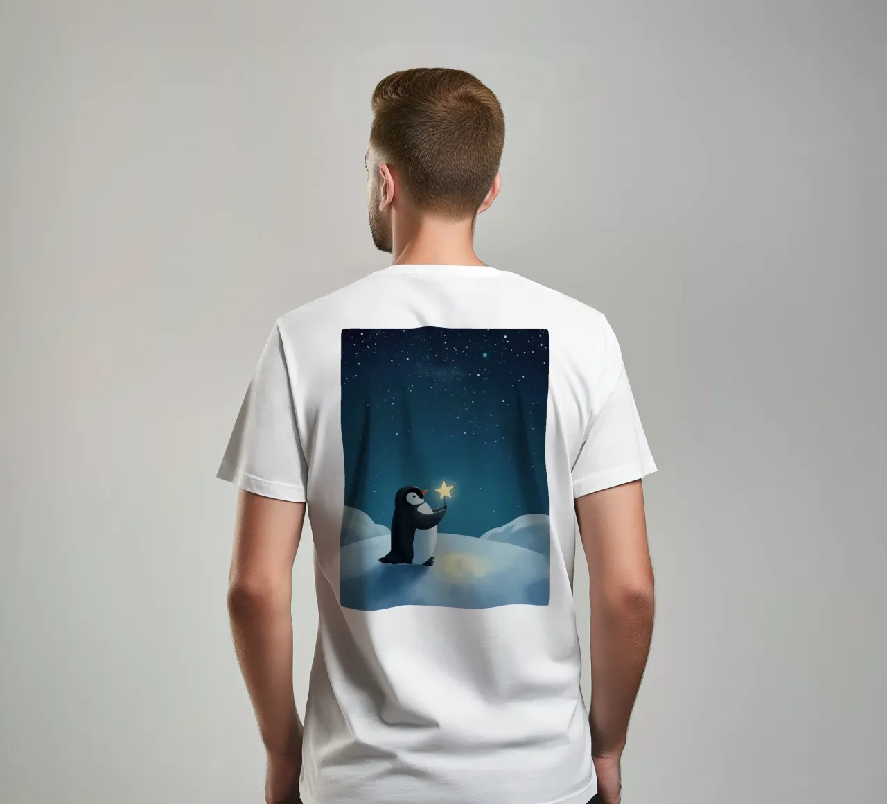 Pinguino con stella su collina innevata di notte t-shirt da DesignDoodle