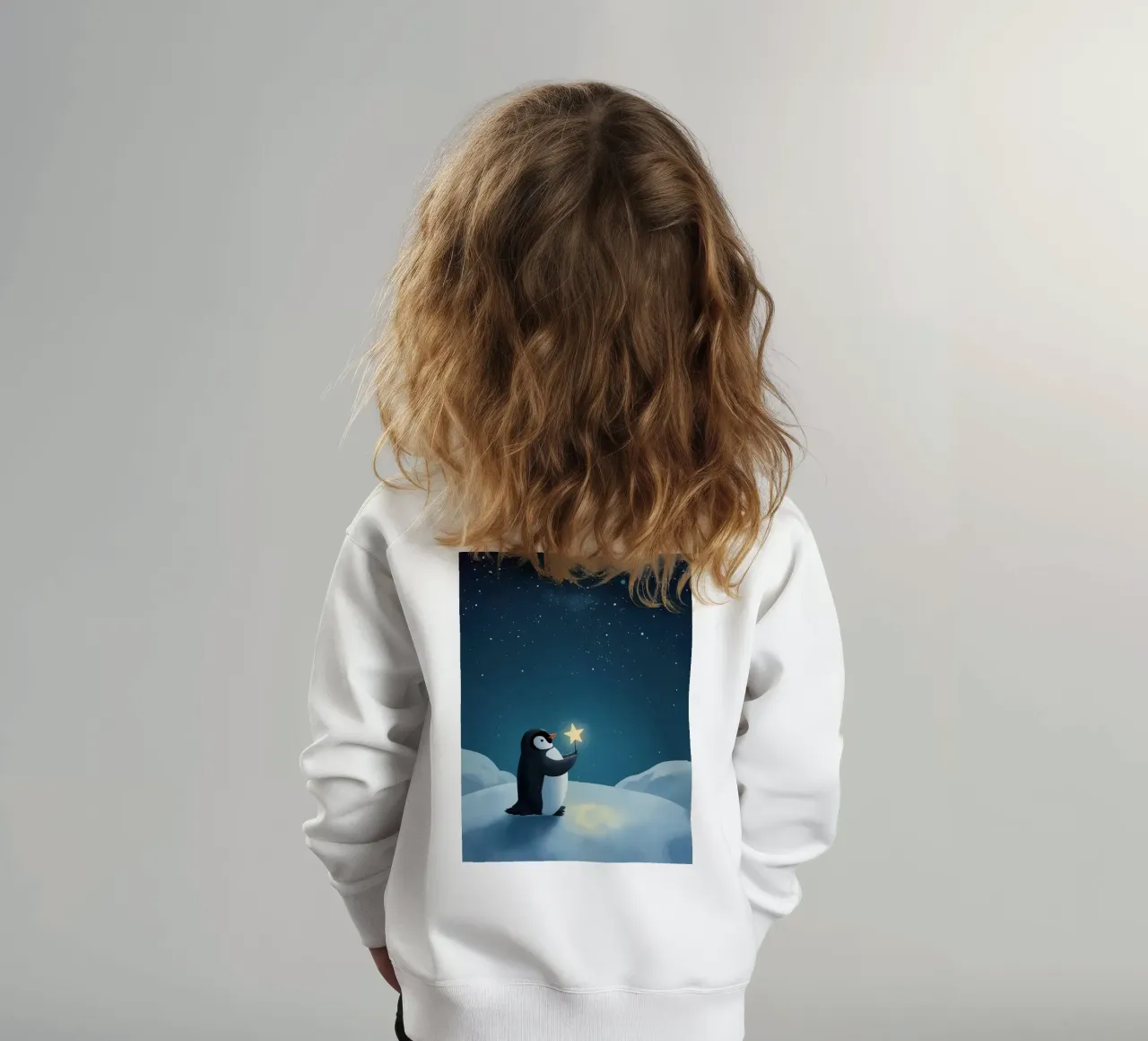 Pinguino con stella su collina innevata di notte felpa bambino da DesignDoodle