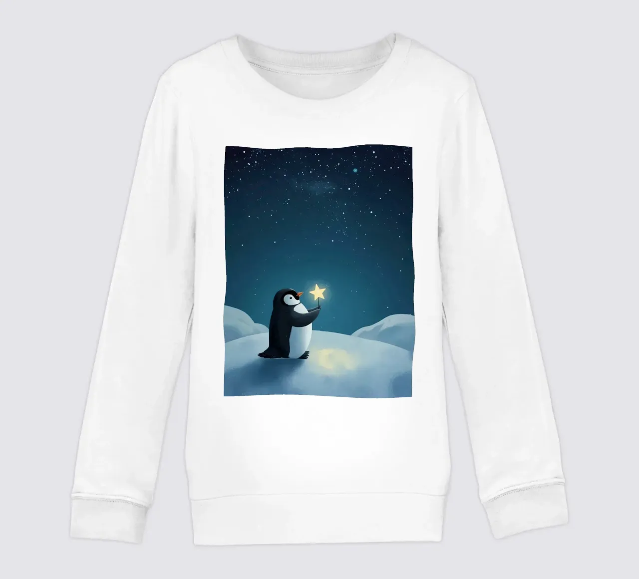 Pinguino con stella su collina innevata di notte felpa bambino da DesignDoodle